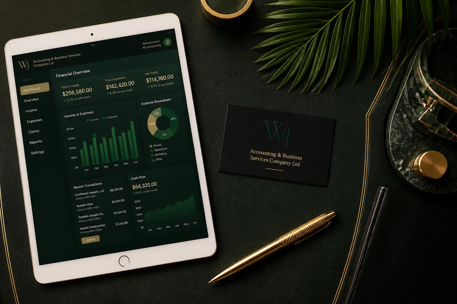 WJ Accounting branded workspace with financial dashboard and tropical palm accent